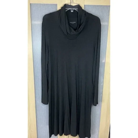 EILEEN FISHER Dress Sz L A-line Cowl Neck Long Sleeve Gray Minimalist Lagenlook - Picture 3 of 7